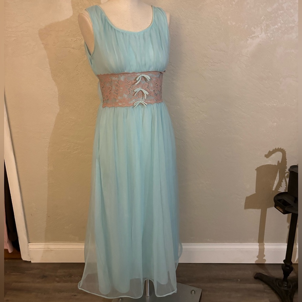 Women's Vintage Avian Light Blue Sleeveless Chiffon Nightgown Lace Sz M/L